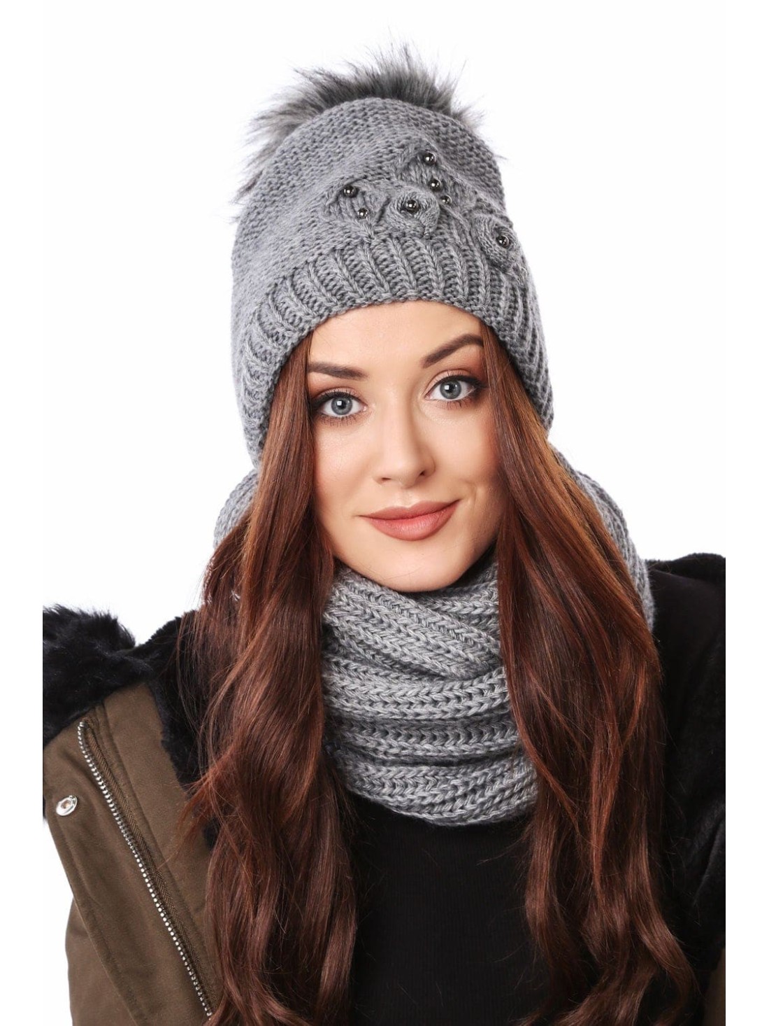 Beaded hat with a neck warmer for winter, dark gray C50 - Online store - Boutique